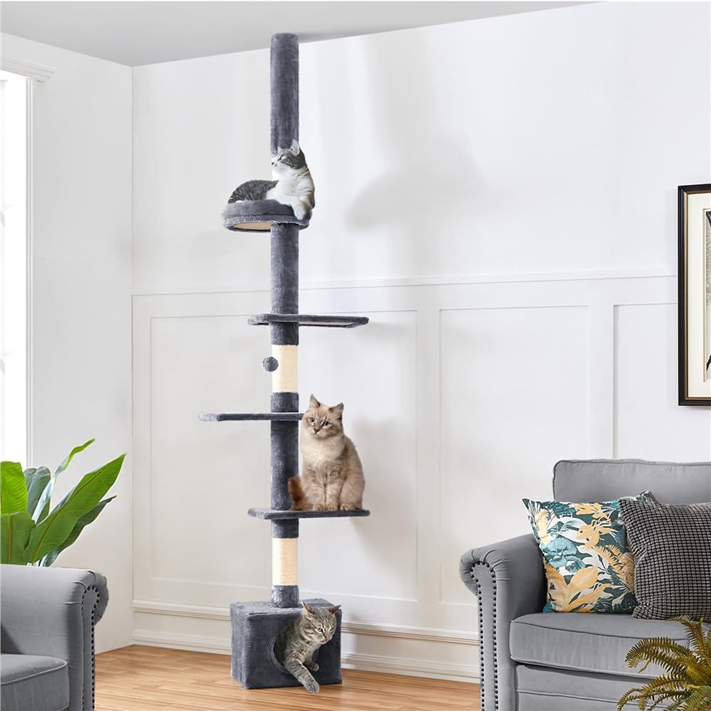 Yaheetech 226-265,5 cm Kratzbaum deckenhoch XXL Katzenbaum groß dunkelgrau | Höhenverstellbarer Kletterbaum | mit Deckenspanner | Flexibel in jede Richtung drehen | mit 3 Kratzsäulen & 4 Plattformen