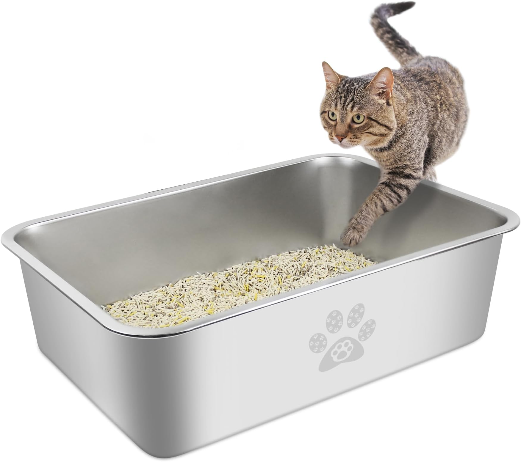 Stainless Steel Cat Litter Box High Side Cats Toilet Metal Kitten Litter Pan, Pet Cleaning Tool for Big and Small Cats, Rabbits, Splash-Proof and Non-Stick Cat Poop Box odorless 19.7"x13.8"x5.9"
