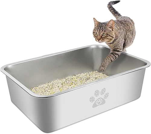 Caja de arena de acero inoxidable para gatos, bandeja de arena de metal para gatos, herramienta de limpieza para gatos grandes y pequeños, conejos,