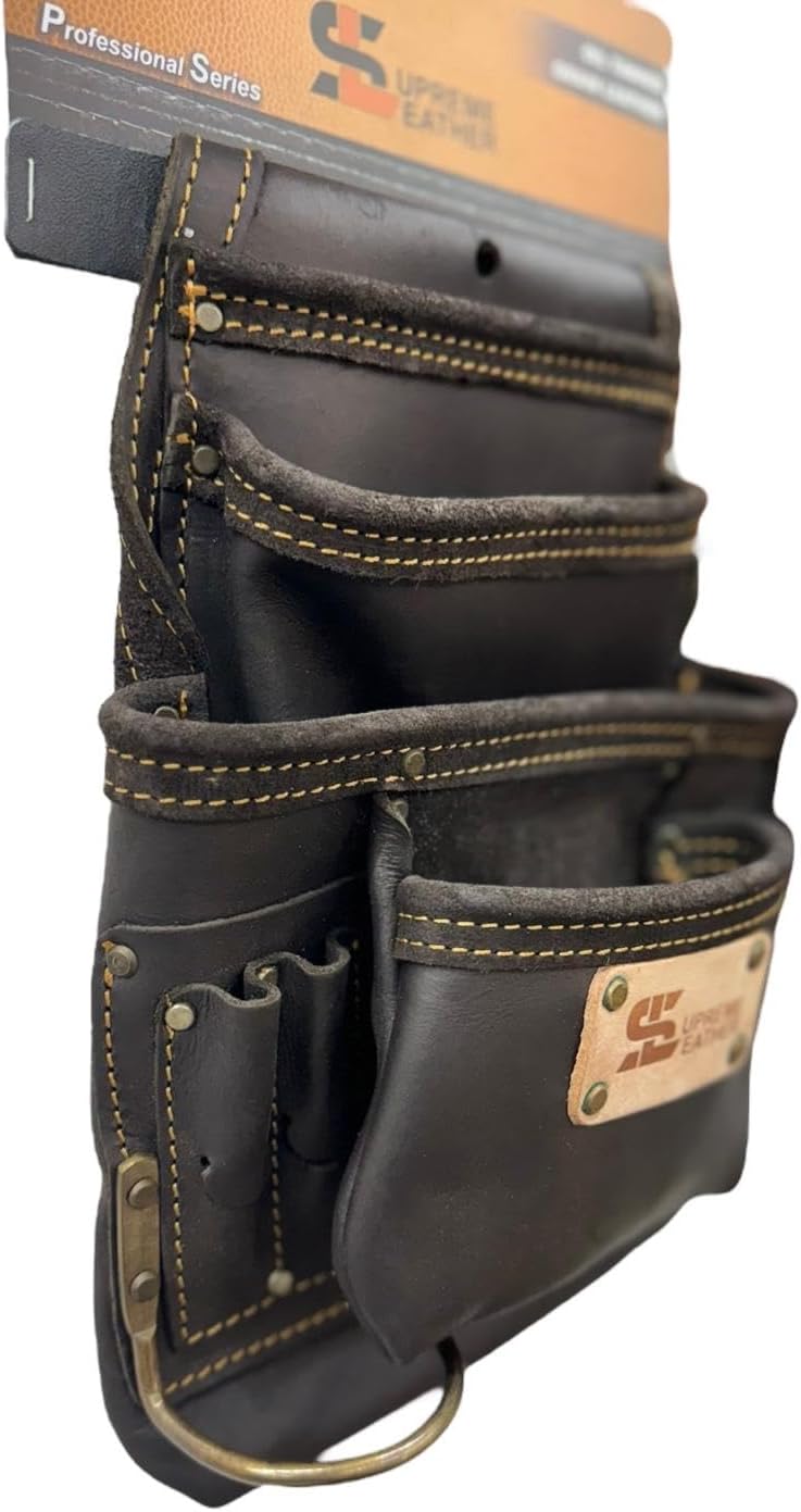 Leather Tool Pouch, 10 Pockets, 2 Compartments, Heavy Duty Construction