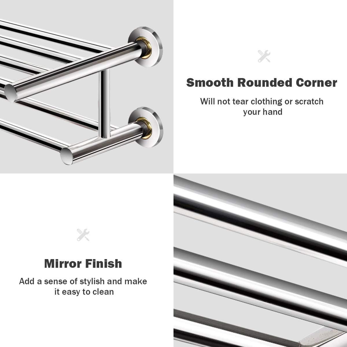 Tangkula Wall Mounted Bathroom Shelf with 2-Tier Bars, 24 Inch Stainless Steel Shelf, Polished Mirror Finish, Home Hotel Toilet Double Layer Bathroom Shelf