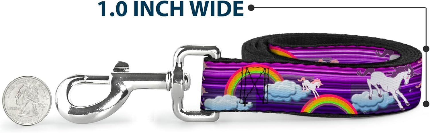 Dog Leash Unicorns Rainbows Stripes Purple 6 Feet Long 1.0 Inch Wide
