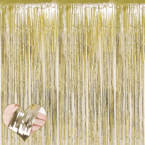 Image of 4 Pack Light Gold Fringe Curtain Backdrop, 3.2Ft x 9.8Ft Metallic Tinsel Foil Fringe Streamers Background for Photo Booth Birthday Wedding Baby Shower Carnival Easter Mother's Day Party Decorations