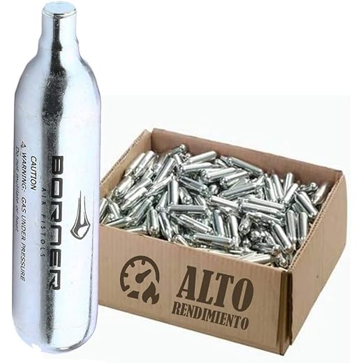 BORNER - Bombonas de CO2 de Alto Rendimiento | Capsulas de Aire comprimido con Cargas de 12 gr para Armas de Airsoft o Pistolas de balines y perdigones (50 bombonas)