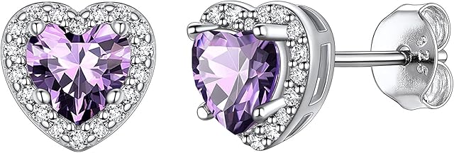 Suplight Hypoallergenic 925 Sterling Silver Heart Shape/Round Cut Halo Birthstone Stud Earrings for Women Girls (with Gift Box)