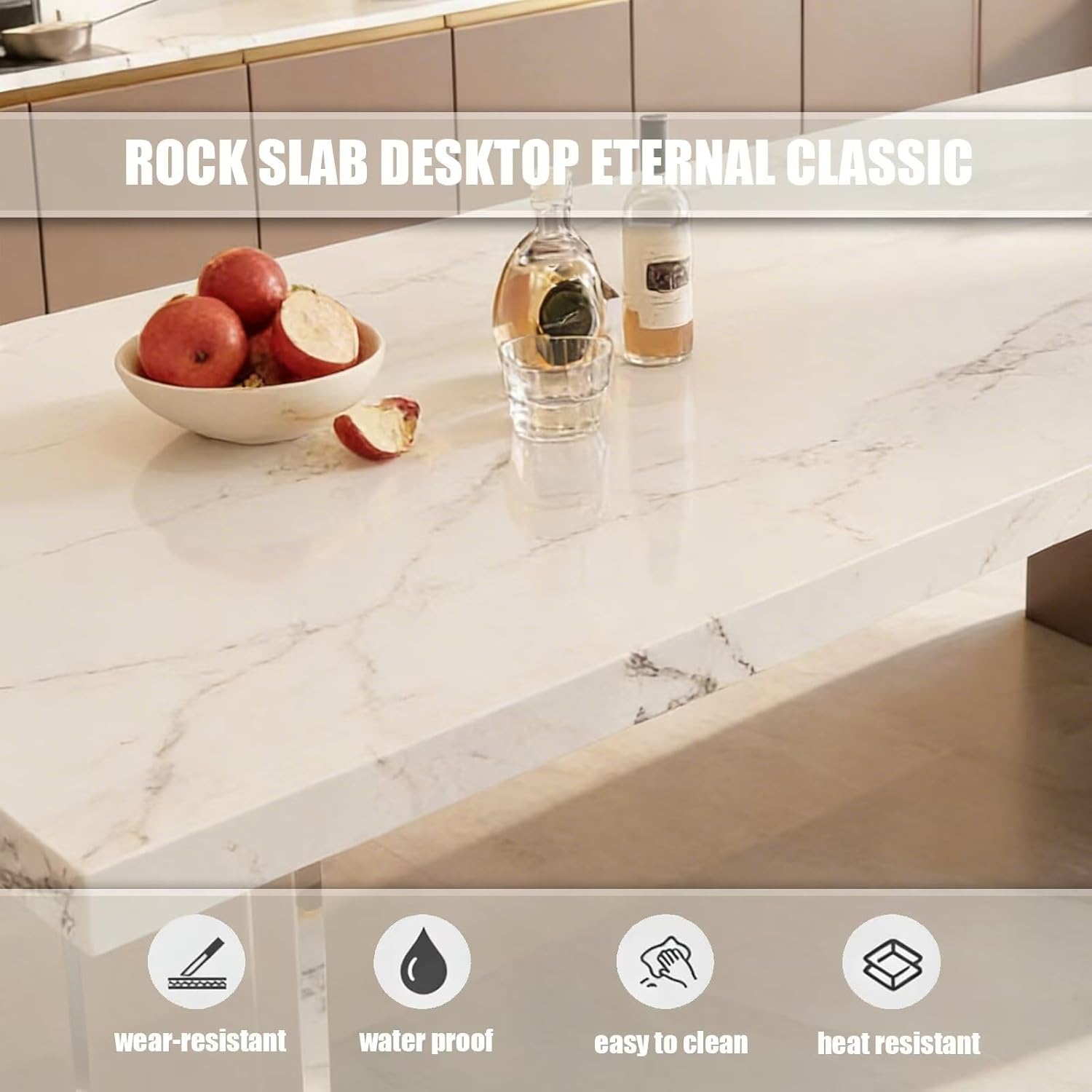 Kitchen Island with Storage - Kitchen Island Table with Slate Countertop & Gold Accents Luxurious Bar Includes Ample Storage Drawers, for 4 People (70.87IN No Chairs)