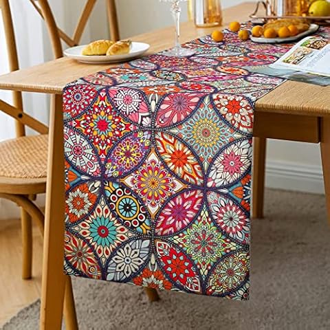Tischläufer Rot Tischläufer Boho Style Boho Tischläufer Bunt Ornament Kommode Tischläufer Winter für Restaurants Tischdecken Gartentisch Leinen Baumwolle Hochzeit Tischläufer Weihnachten 33 X183cm Cover