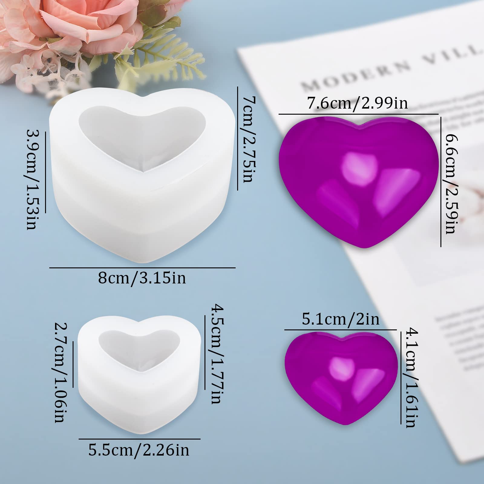 WANDIC Silicone Mold, 2 Pcs Love Heart Shape Silicone Moulds 3D Heart Soap Mold for DIY Handmade Soap Crafts Silicone Heart Pendant Molds for Resin