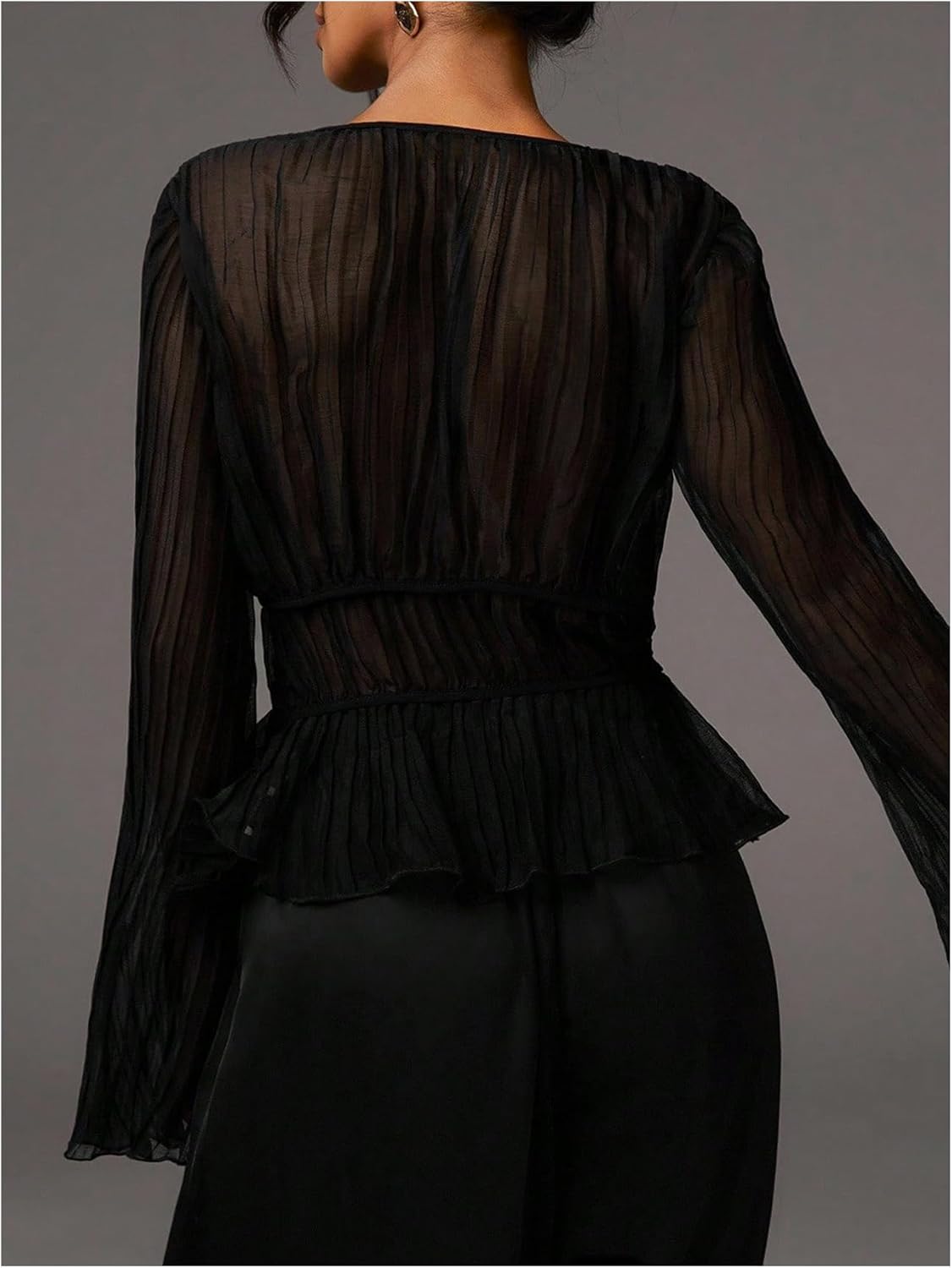 SOLY HUX Women's Mesh Long Sleeve Top Deep V Neck See Through Peplum Blouse Shirts Date Night Outfit - Image 3