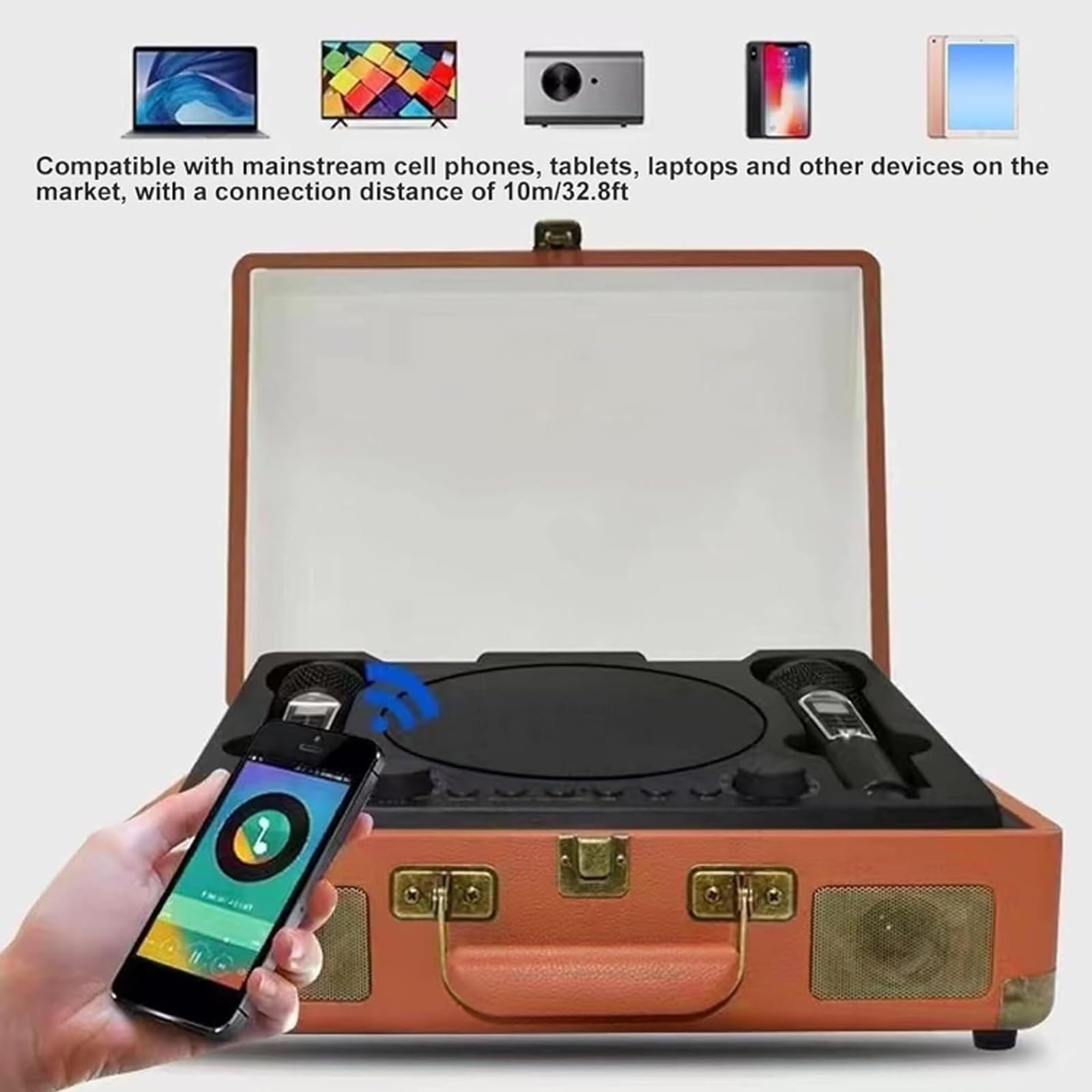 Máquina de Karaoke para Adultos, conexión Inteligente/Distancia: Aprox. 10 m, 5 Modos de reproducción, con 2 micrófonos de Karaoke, para Toda la Familia. (Brown)