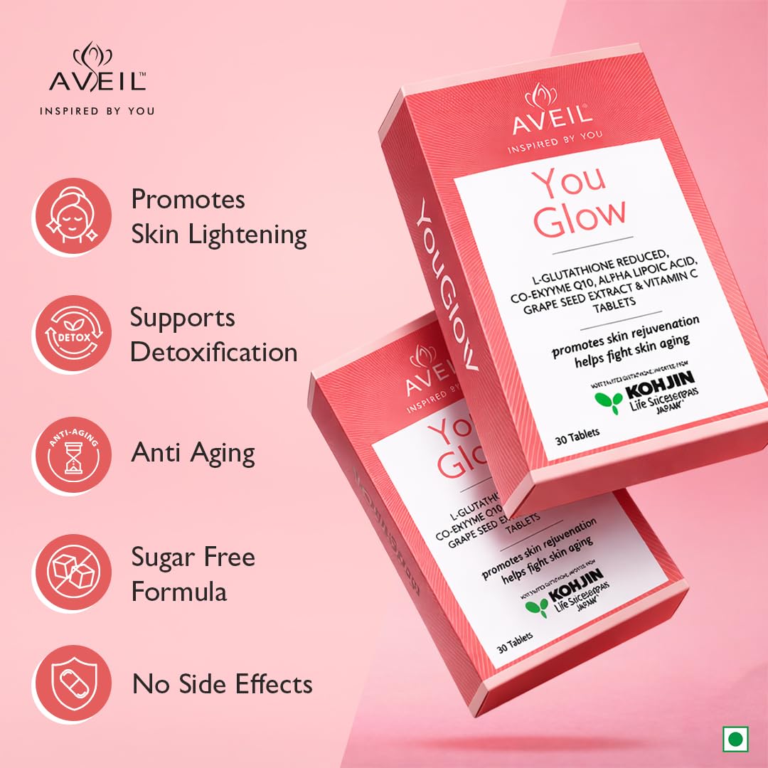 AVEIL YouGlow Glutathione and Vitamin C Skin Rejuvenating Tablet - 30 Tablets | L-Glutathione 500mg Tablets with CoQ10, Alpha Lipoic Acid, & Grape Seed Extract for Healthy & Radiant Skin | Sugar Free — Amazon image 5