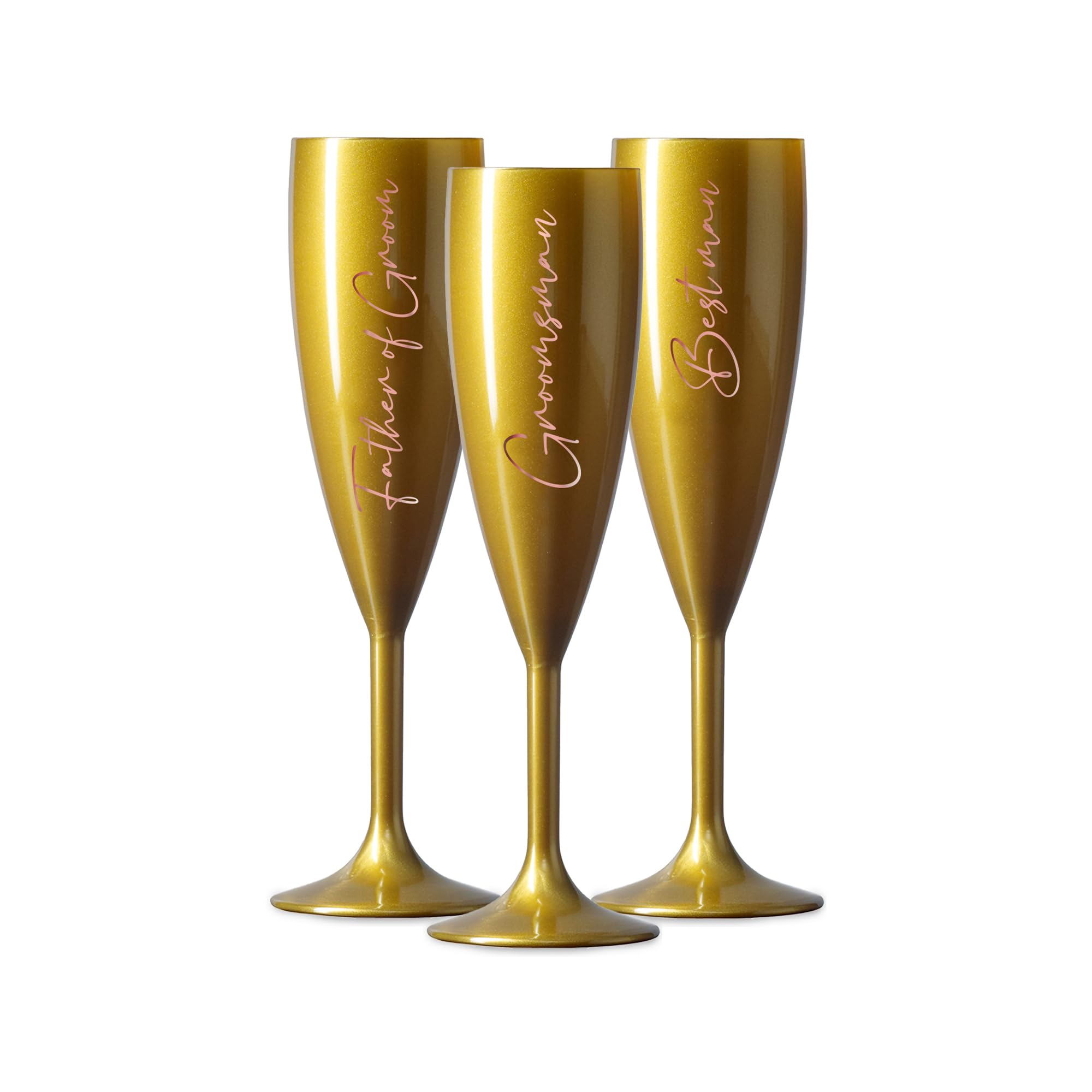 Print Maniacs Champagne Premium Gold Flute Glass Bride Groom Mr Mrs Wedding Maid Honour Wine Cocktail Prosecco Celebrations Gift (Rose Gold, Set of 3 Grooms Set)