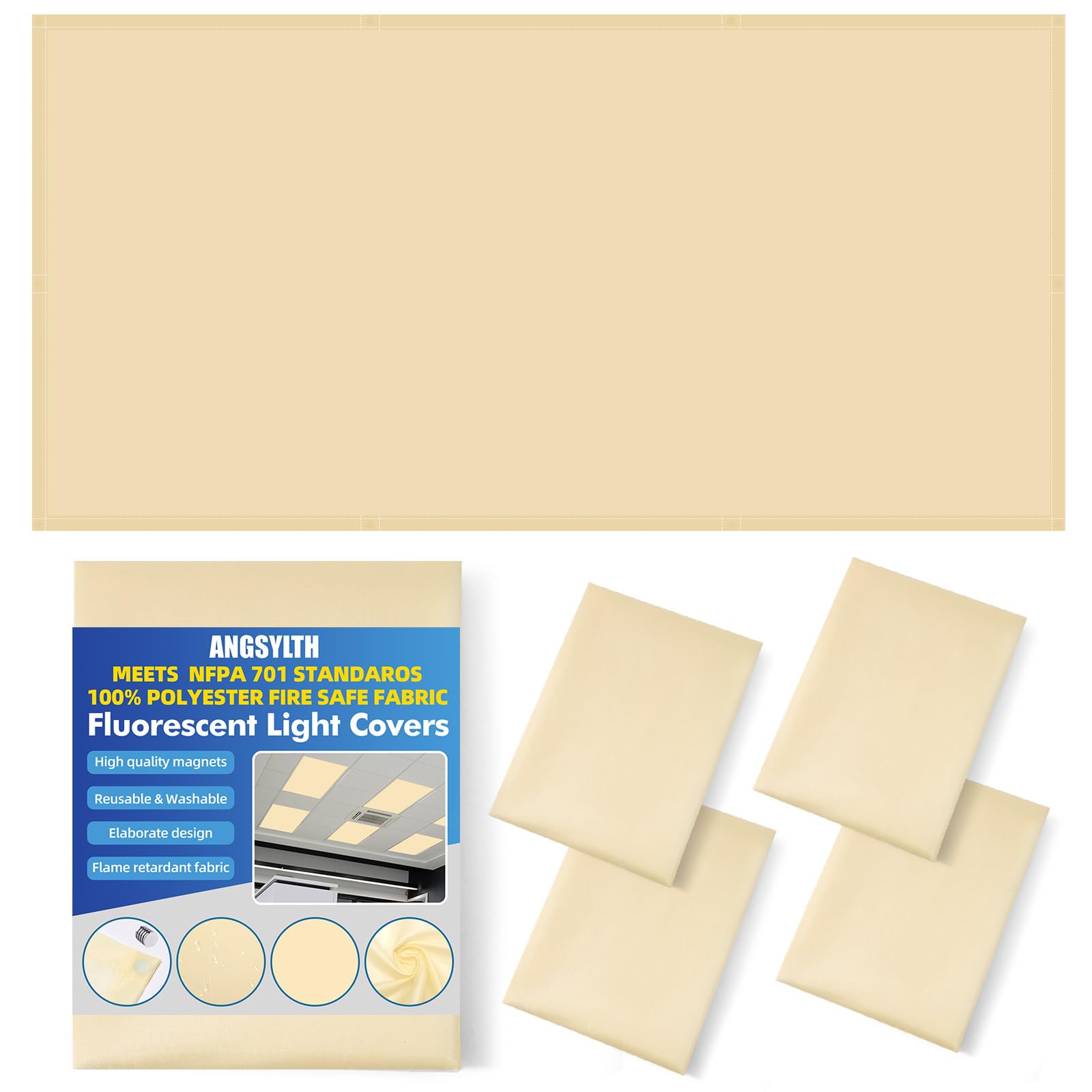 ANGSYLTH 4 Pcs Fluorescent Light Covers - Classroom, Office 4 x 2 Feet Flame Retardant Magnetic Covers for Ceiling Lights Filters (Warm Yellow)