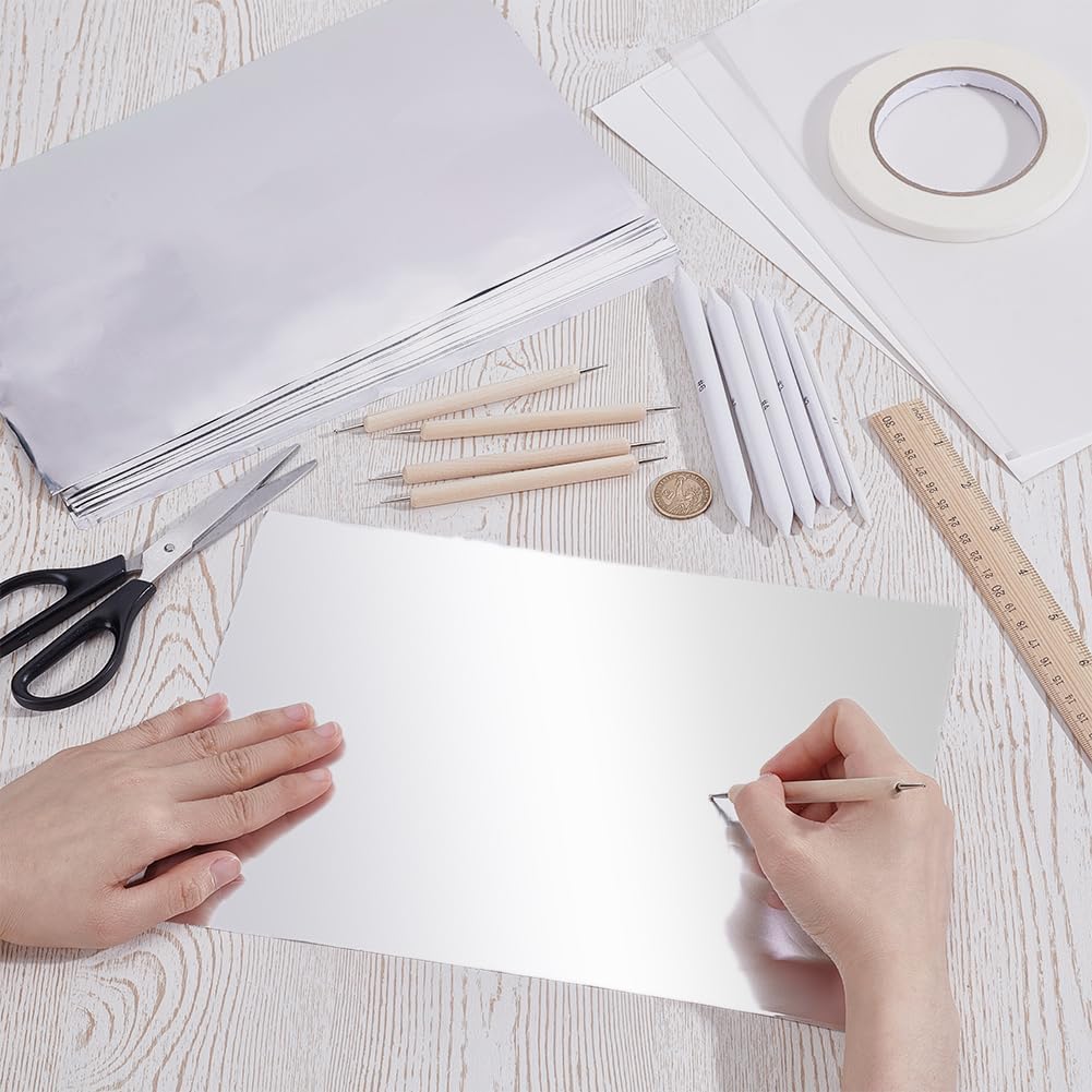 OLYCRAFT 40Pcs Tin Aluminum Art Paper Kit Metal Embossing Kit Include Aluminum Embossing Foil Sheets Tracing Paper Cardboard Awls Alloy Pens Blenders Tape for DIY Handcraft Supplies