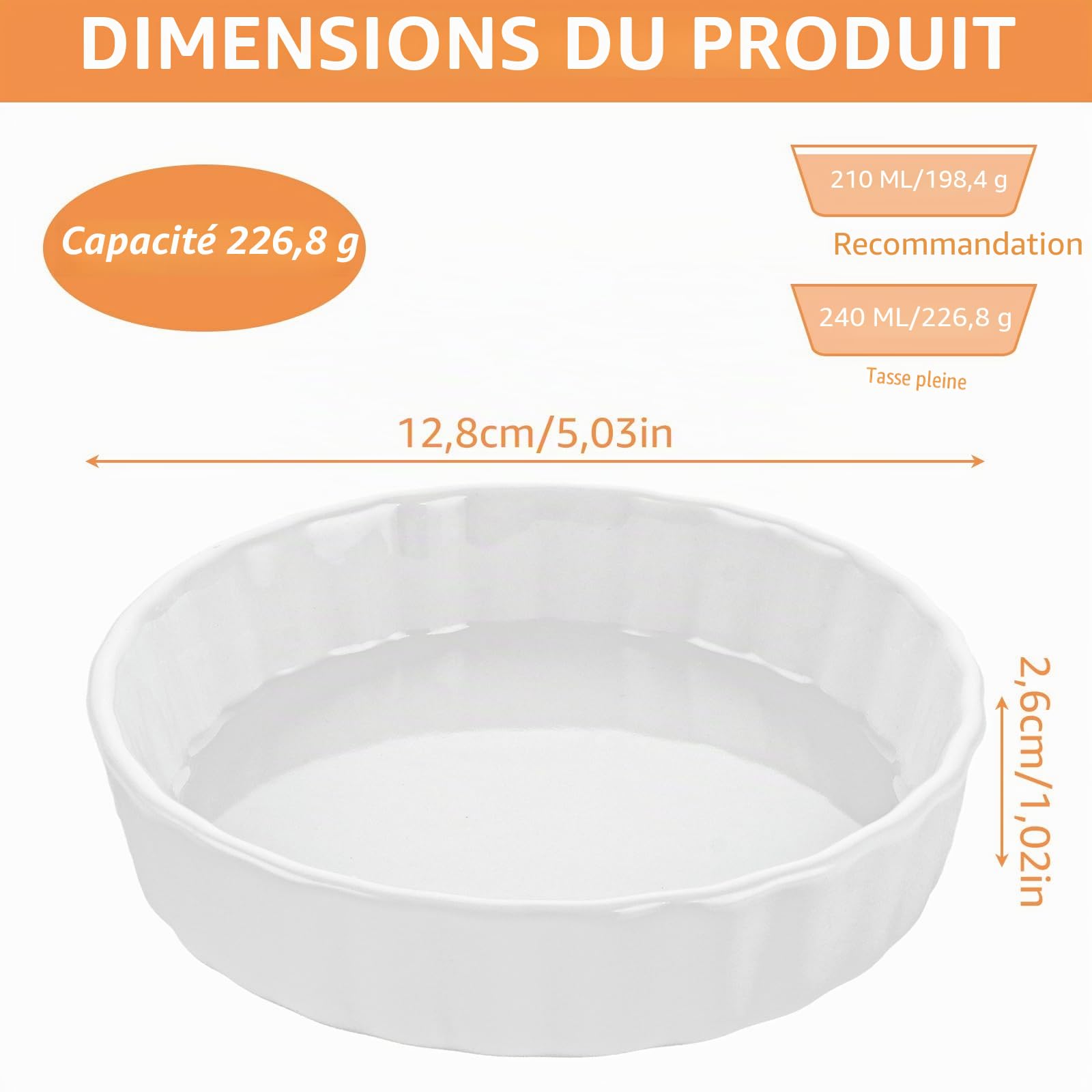 Lot de 6 petits plats à tarte en céramique - 12,8 x 2,6 cm - Blanc - 240 ml - Pour soufflé, fondants muffins, crème brûlée