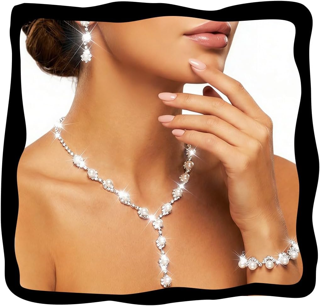 Nicute Pearl Jewelry Set for Women Silver Rhinestone Necklace and Earrings Prom Wedding Jewelry Sets for Bridal