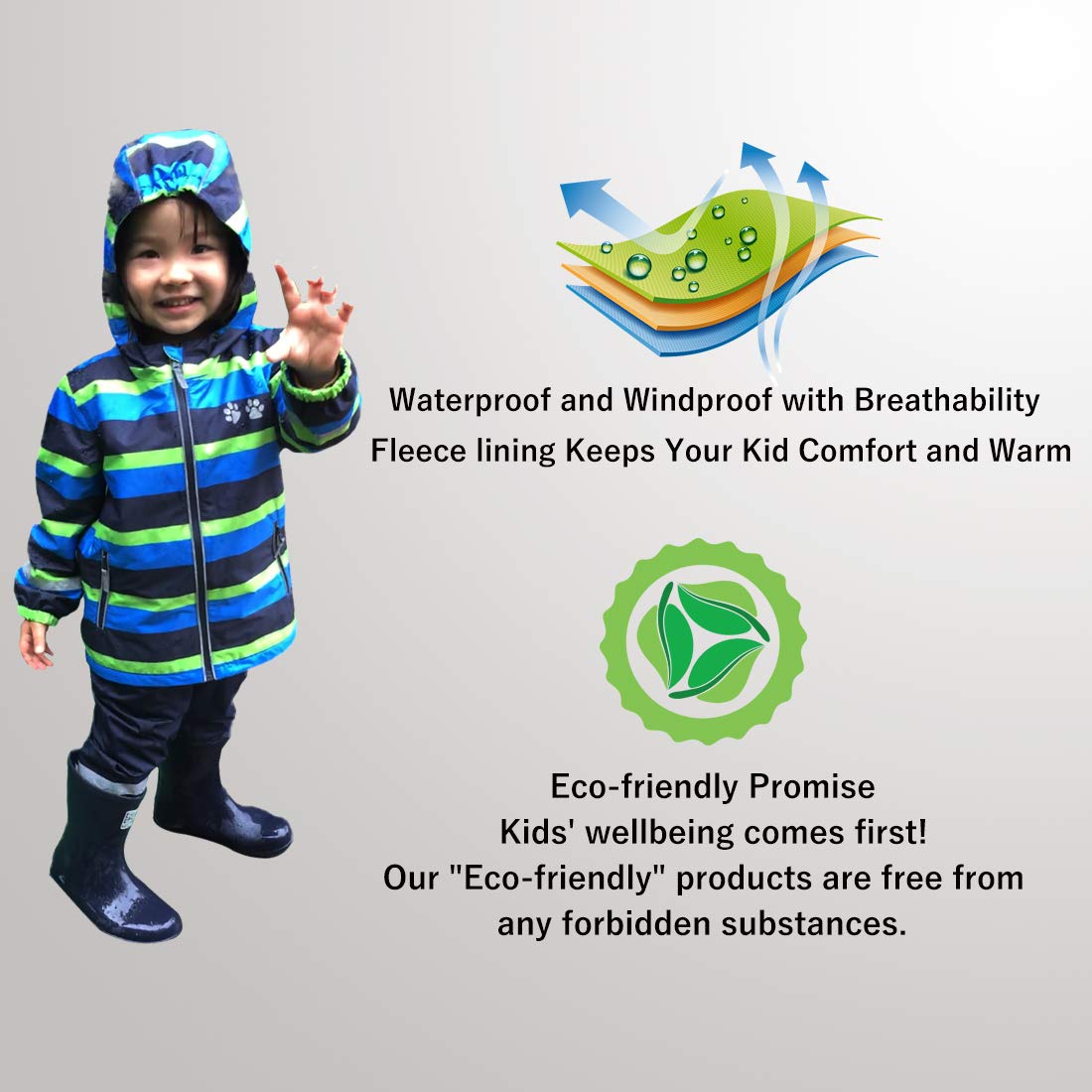 Kinder Zweiteiliger Regenanzug für Jungen und Mädchen, Wasserabweisende Jacke mit Regenlatzhose, Matsch-Anzug mit Kapuze