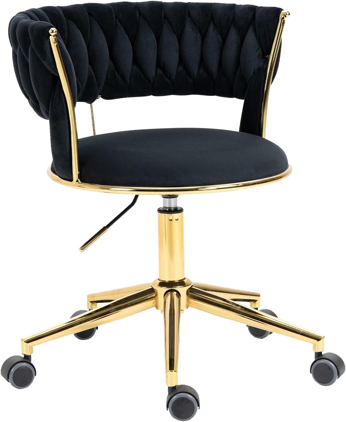 NIOIIKIT Velvet Office Desk Chair with Hand Woven Backrest, 360° Swivel & Height Adjustable Task Chairs, Makeup Chair, Living Room Chairs with Stainless Base and 5 Wheels (Black)