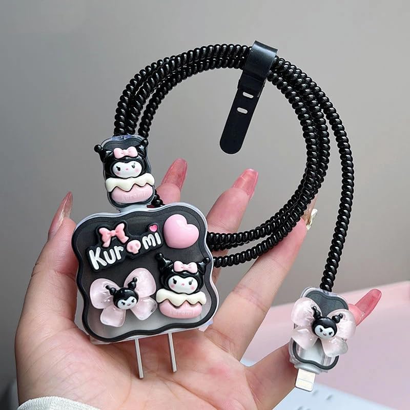 Image of Dezet for iPhone Charger 18-20W Cute Cartoon Charging Cable Protector Set for iPhone Fast Charging USB Cable with Protective Silicone Cover & Organizer Clip Stylish Design (KOROMI NEW 2nd)
