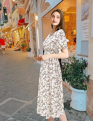 Image of Gardenwed Chiffon Floral Dresses Summer Midi Wedding Guest Dress V Neck for Women Elastic Waist