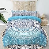 Mandala Flower Duvet Cover Set, Bedding Sets Soft Luxury Microfiber Comforter Cover, Chic Round Vintage Pattern Quilt Cover with Zipper Closure (Blue, 3pcs, Full Size)