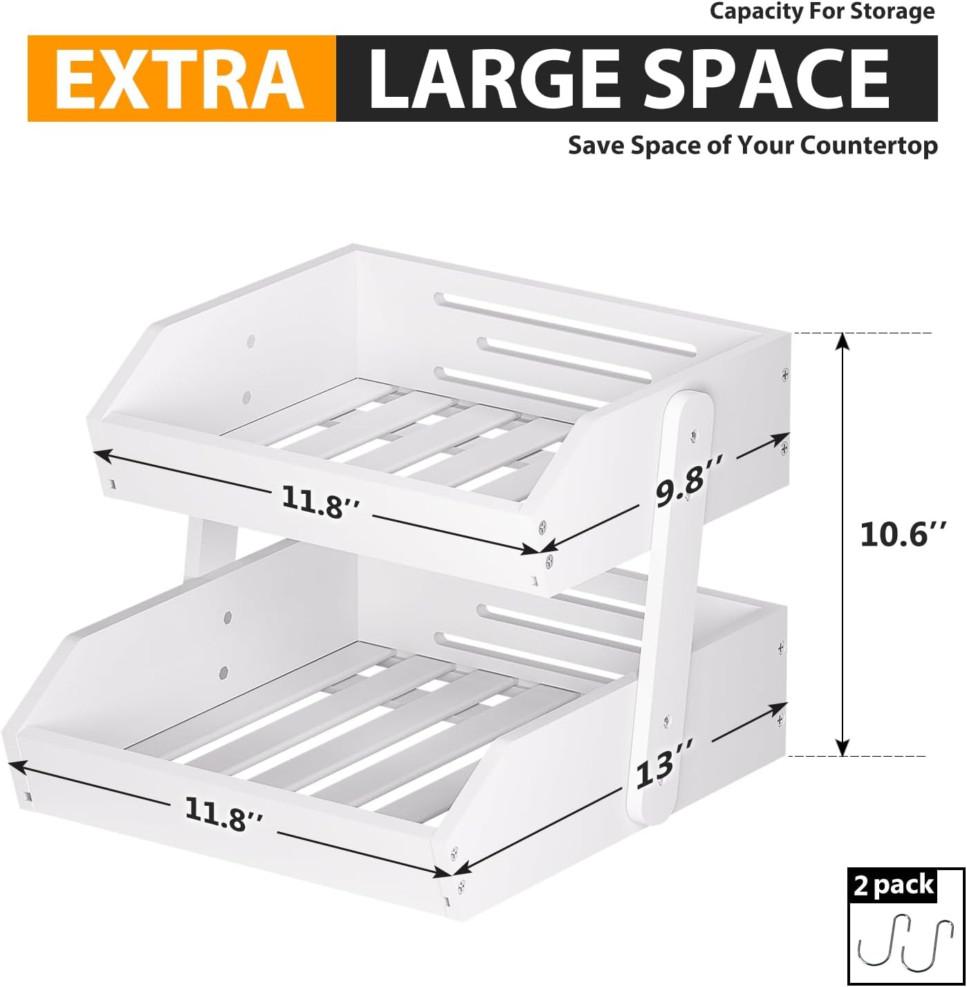 Bamboo Fruit Basket for Kitchen - 2 Tier Fruit Bowl, Large Holder With Banana Hangers, Idea For Vegetable Storage, Bread Display, Snack Organizer (White) - Image 3