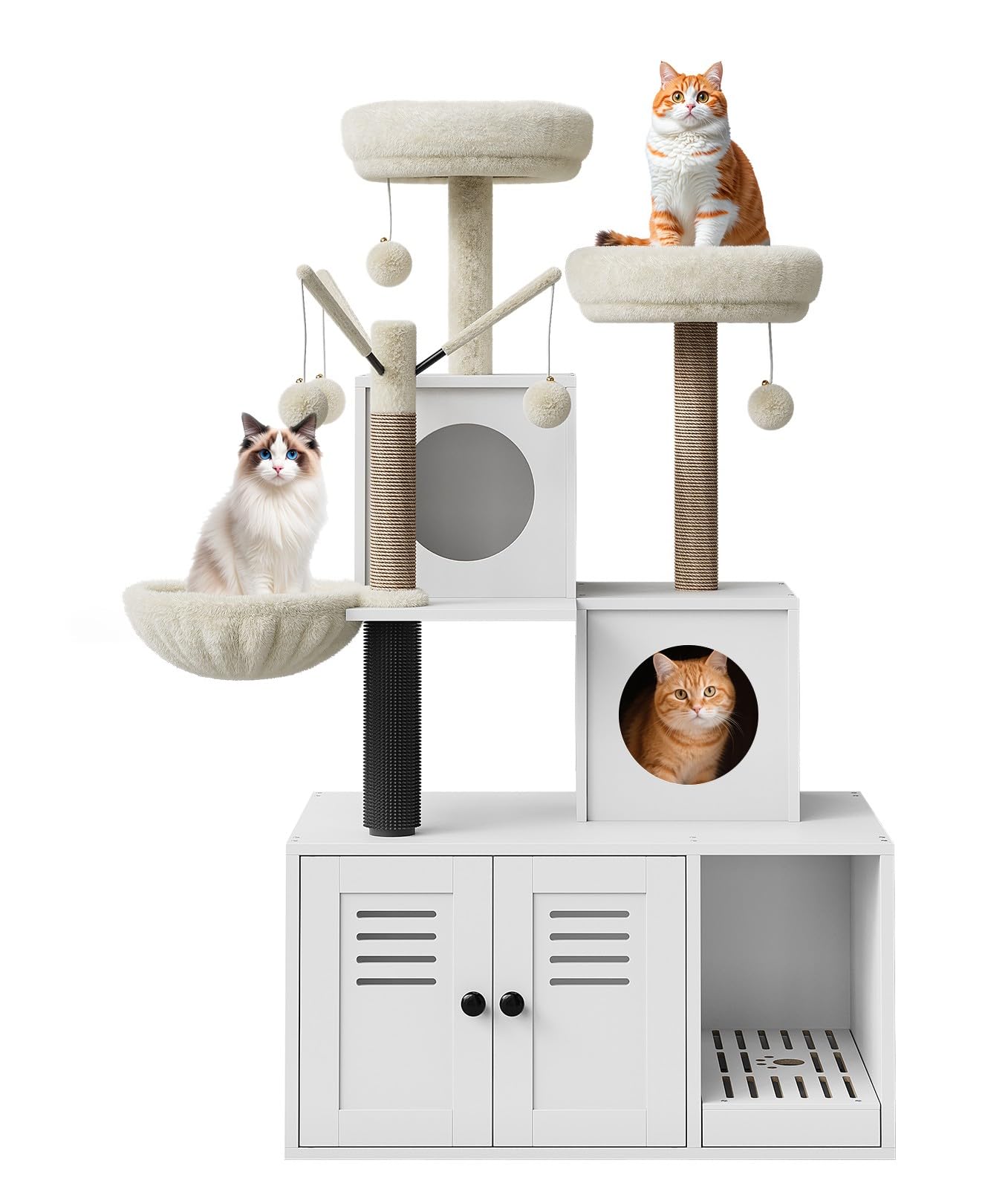 Kratzbaum mit Katzenklo Schrank, mehrstöckiger Katzenbaum aus Holz mit Sisalstämmen, Katzenkratzbaum mit Plüschbälle, kuschelige Hängematte, Versteckte Katzentoilette, Grau