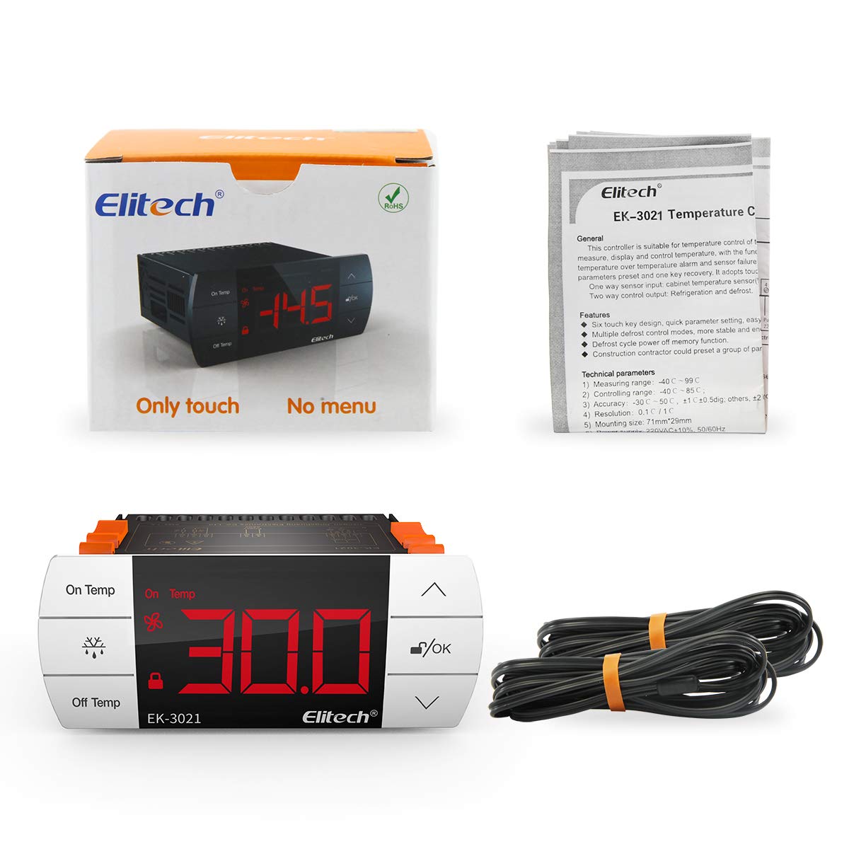 Elitech EK-3021 Régulateur de Température avec Écran Tactile, Thermostat à 2 Sondes pour Chauffage / Refroidissement et Décongélation, Double Relais 220V