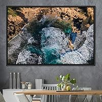 Framed Canvas Wall Art Coastal Scenery Aerial Coastal Cool Multicolor Ocean Photography Realism Relax/Calm - 16x24 inches