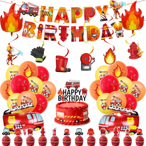 Feuerwehr Geburtstag Deko Kindergeburtstag Set - 44 Stück Feuerwehrmann Geburtstag Deko mit Happy Birthday Banner Flamme Luftballon und Kuchendekoration für 3 Jahre Kindergeburtstag Dekoration