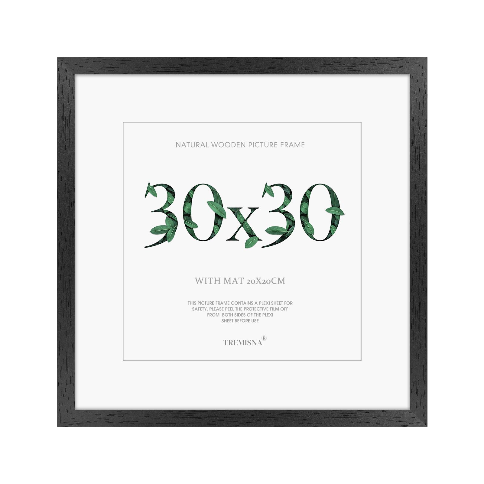 Tremisna® 1x Picture Frame 30x30cm Black Wood. With HD Perspex Photo Frames with 20x20cm Mount for Wall Mounting Display
