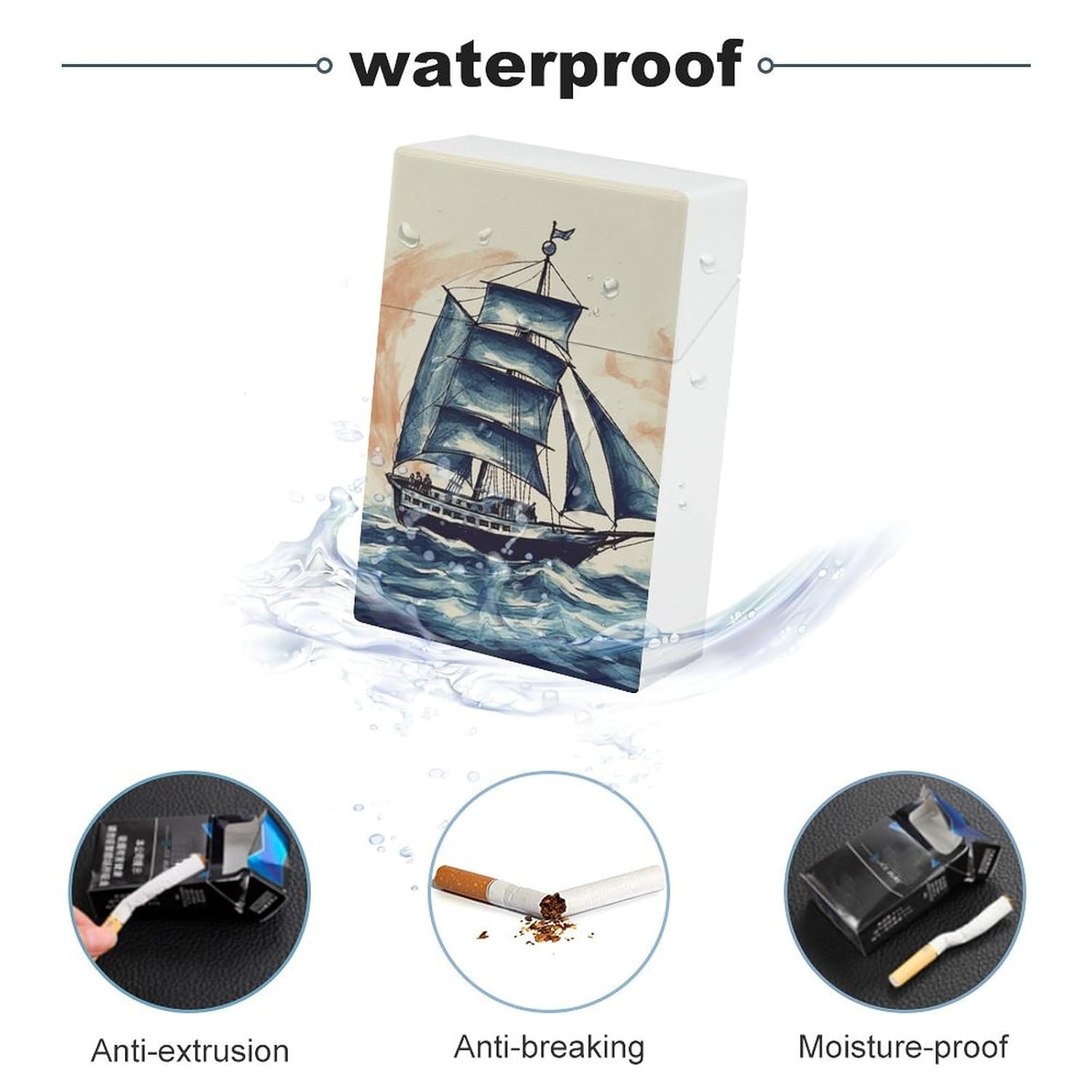 Nautical Sailboat Cigarette Case for King Size Retro Holder Case with Exquisite Carved Patterns Box 20 Regular Size Cigarettes
