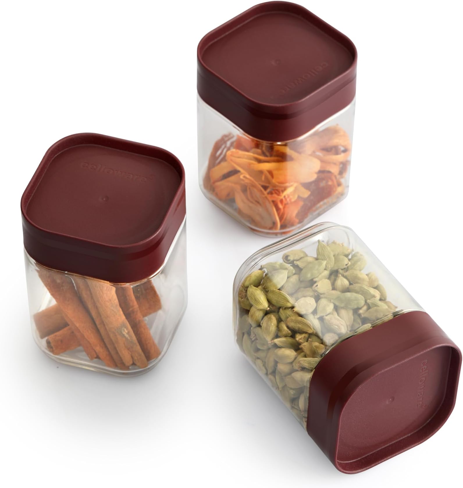CELLO Modustack Square Storage Containers Set of 3, (300mlx3), Maroon |Food Grade, Stackable, See Through Pet Kitchen Organizer| Perfect For Storage of Food, Pulses, Spice, Cereals, Cookies,Dry Food