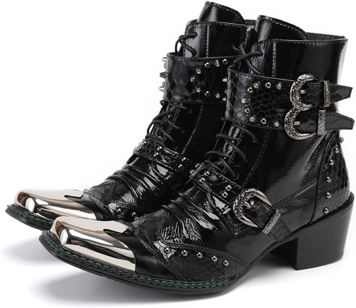 Santimon Mens Boots Casual Black Western Leather Fashion Square Toe Metal Tip Dress Ankle Boot 11