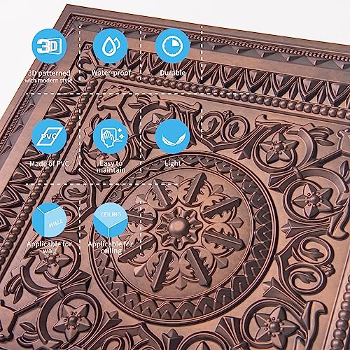 Art3d Drop Ceiling Tiles, Glue up Ceiling Tiles, 2'x2' Plastic Sheet in Antique Copper (12-Pack, 48 Sq.ft) by Art3d - Image 6