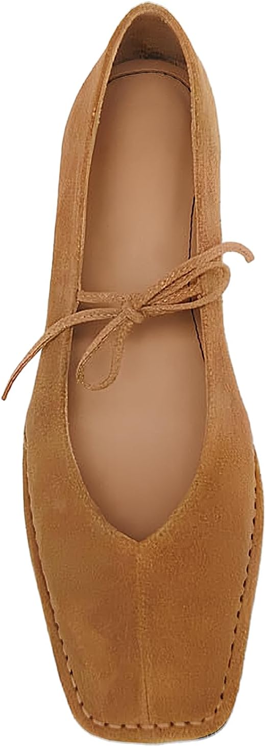 Square Toe Ballet Flats for Women Bow Strap Mary Jane Flats Lace Up Comfortable Ballerina Shoes