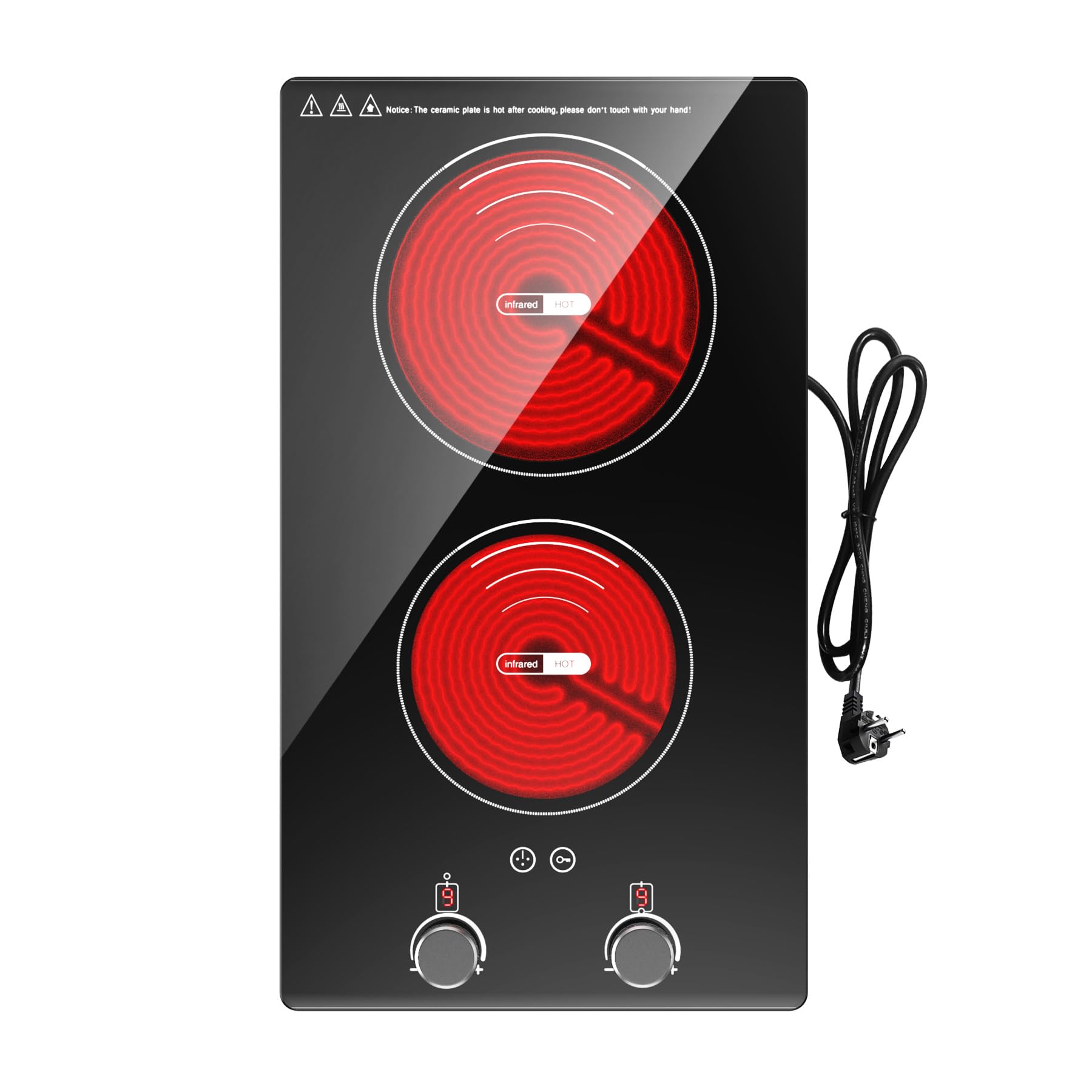 VBGK Glaskeramikkochfeld 2 Platten 29cm 3000W 2 Kochzonen 9 Heizstufen Berührungssteuerung Kindersicherung Timer