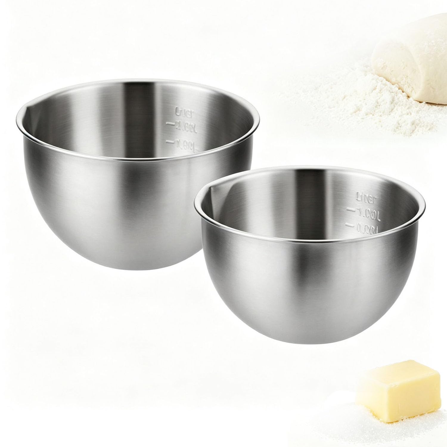 Confezione da 2 ciotole in acciaio inox, 1500 ml e 2500 ml, set da cucina con beccuccio e indicatore di misurazione, ciotole profonde in metallo antispruzzo per cuocere, cucinare, lavare