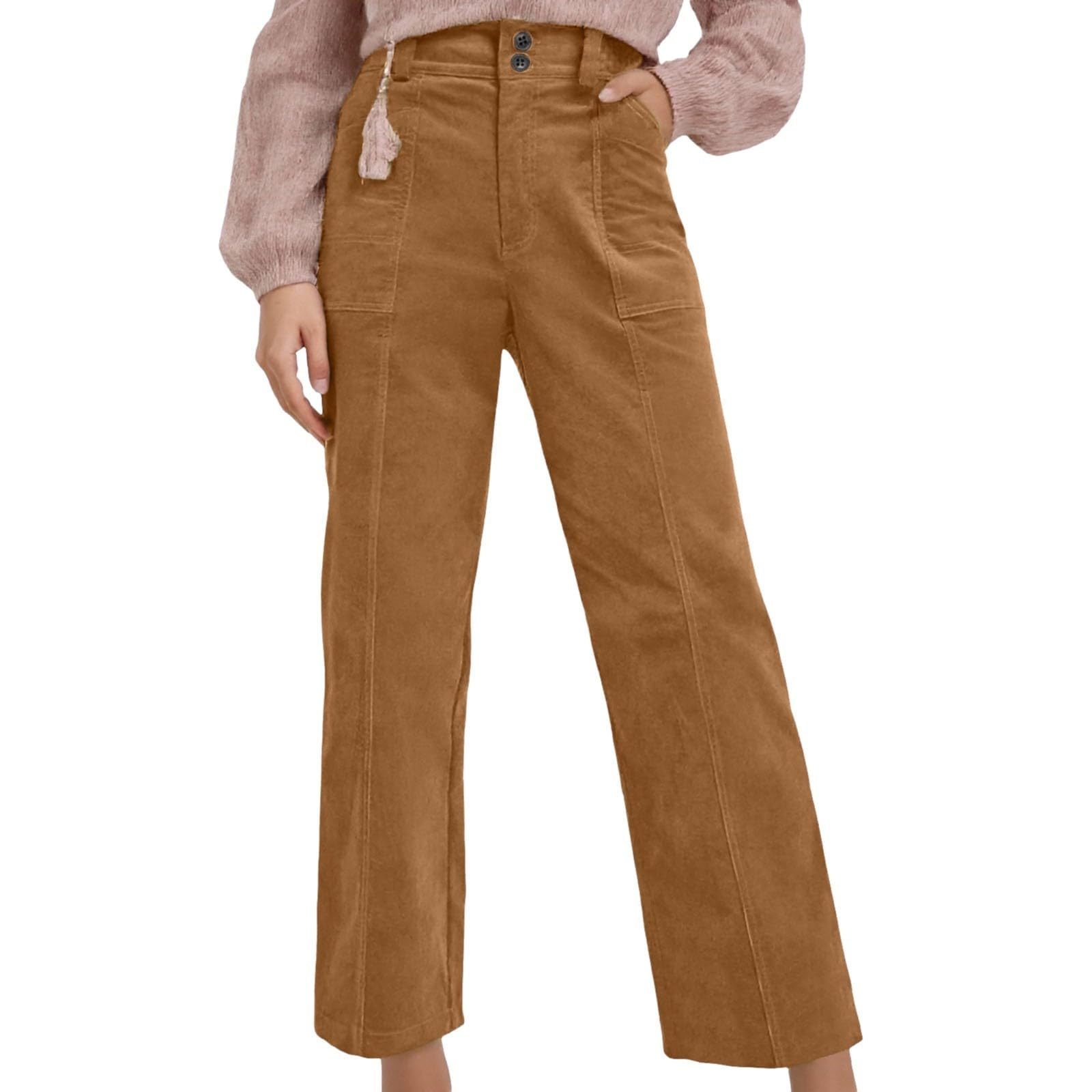 Corduroy Pants Women Straight Leg Elastic Waist Casual Trousers Button Baggy Fall Winter Casual Comfy Pockets Clothes