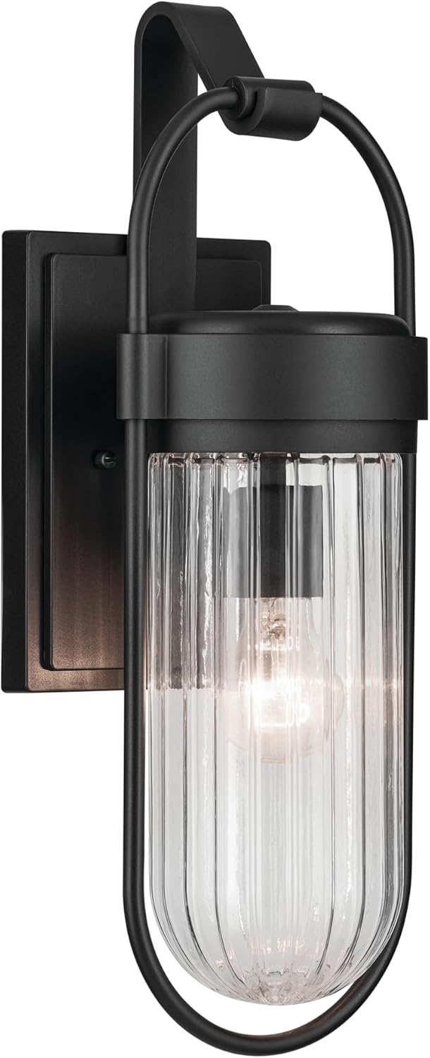 KICHLER Brix 1-Light Textured Black Luxe Industrial Outdoor Wall Light with Ribbed Clear Glass for Outdoor Walls, Exterior Doors, Garage, Porch or Patio Walls