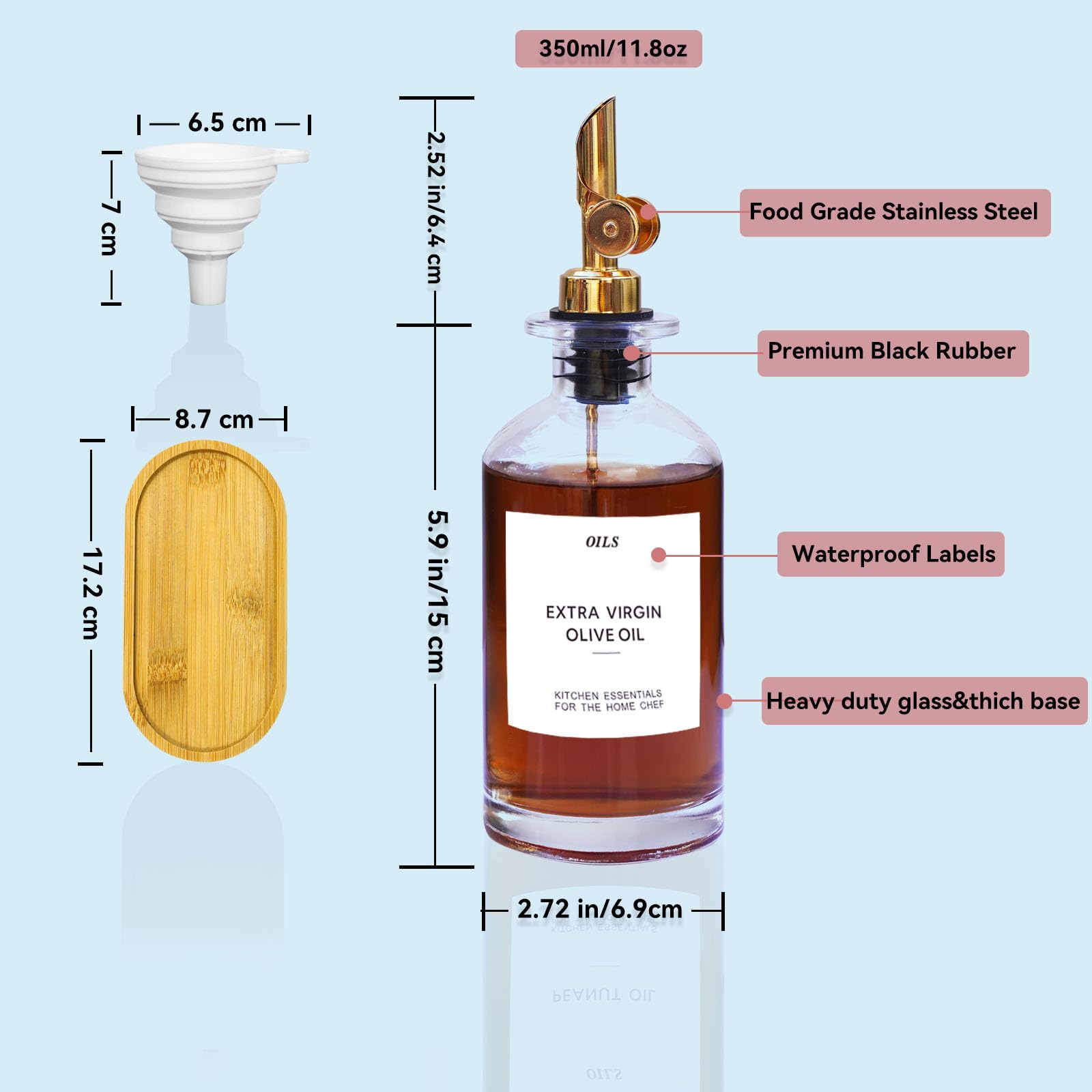 Set Di 2 Bottiglie Per Olio E Aceto Quadrate, 500 Ml In Vetro Con Versatore In Acciaio, Etichette Impermeabili Incluse