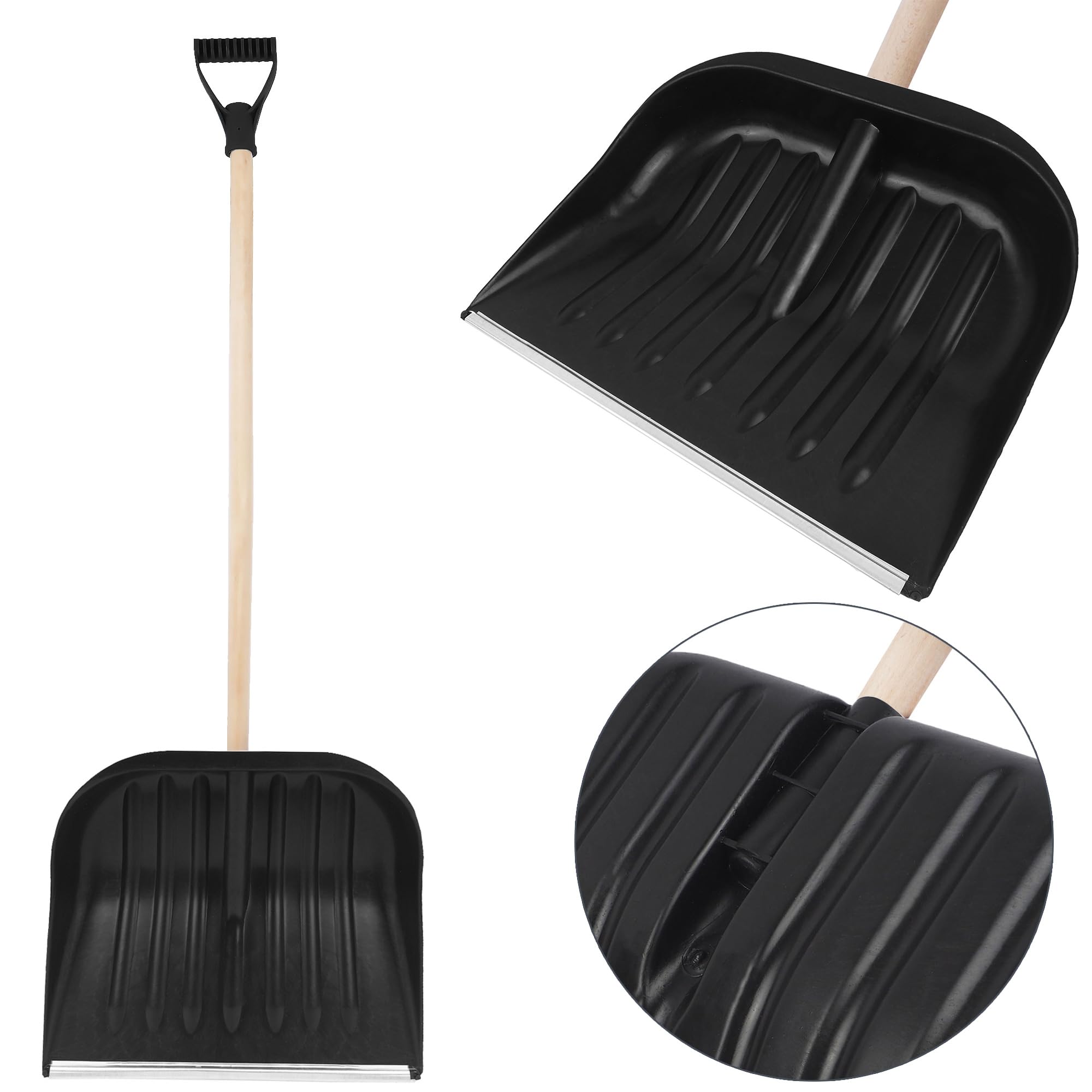 Schneeschaufel Set 4 Stück – Schneeschieber mit Aluminiumkante, Holzstiel & D-Griff – Robuste Schneeschaufeln für Einfahrt, Gehweg, Terrasse – Schwarz