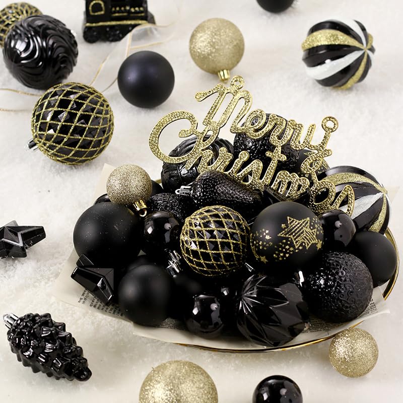 Christmas Balls 65pcs, Christmas Tree Decoration Set, Christmas Ornaments Set for Xmas Tree Holiday Party Garland Decor - Black