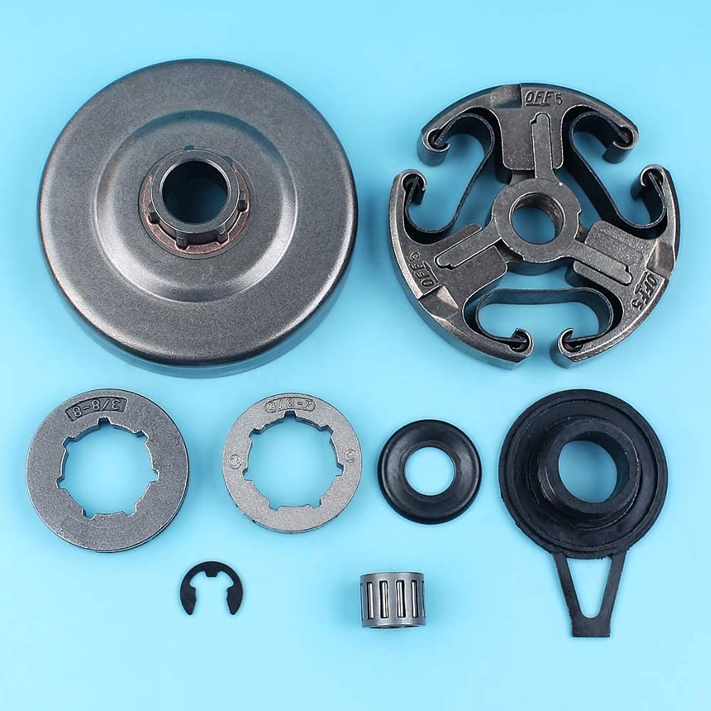 Kit de Tambor de Embrague de Rueda Dentada de llanta de 3/8 "7T 8T Compatible con Motosierra Husqvarna 365372 372XP 371362 con Clip de arandela de cojinete de Aguja de Engranaje helicoidal