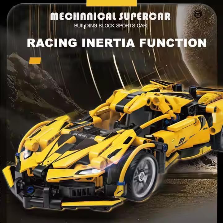Image of 1:18 Scale Racing Car Building Block Set - Pull Back DIY Assembly Supercar Model | Compatible Bricks Toy for Kids, Adults, Collectors & Racing Car Lovers (Yellow Lamborghini)