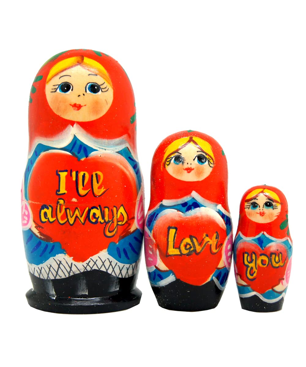 “I’ll Always Love You” 3-Nest Doll Russian Matryoshka Wooden Stacking Nested Dolls Wooden Handmade Toys Gift for Children Christmas Mother’s Day Birthday Home Decor Wishing Gift 14704