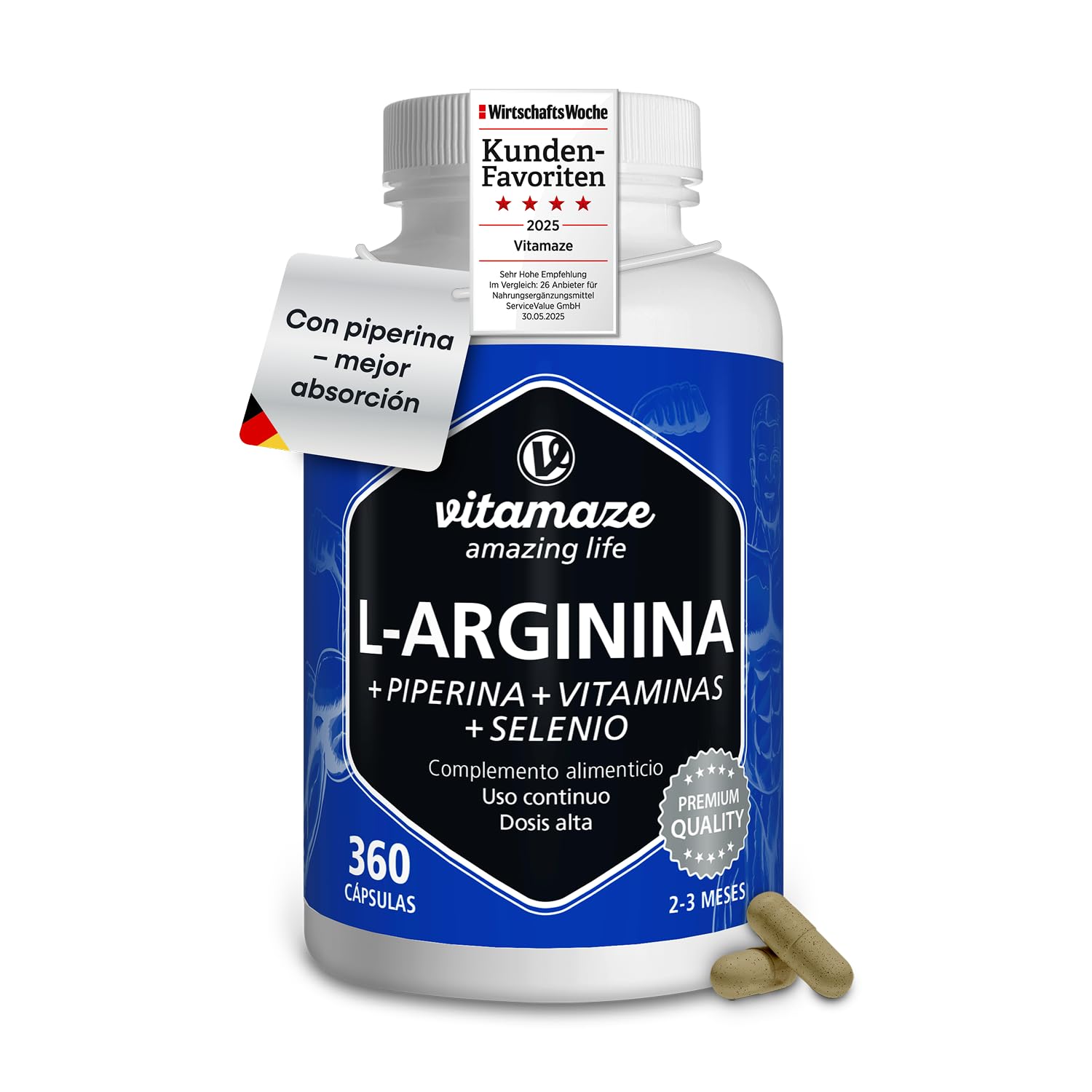 L Arginina 4500mg con Ácido Fólico, Selenio, Piperina y Vitaminas B6, B12, 360 Cápsulas de L-Arginina Pura para Rendimiento Físico, Sin Aditivos Innecesarios, Calidad Alemana