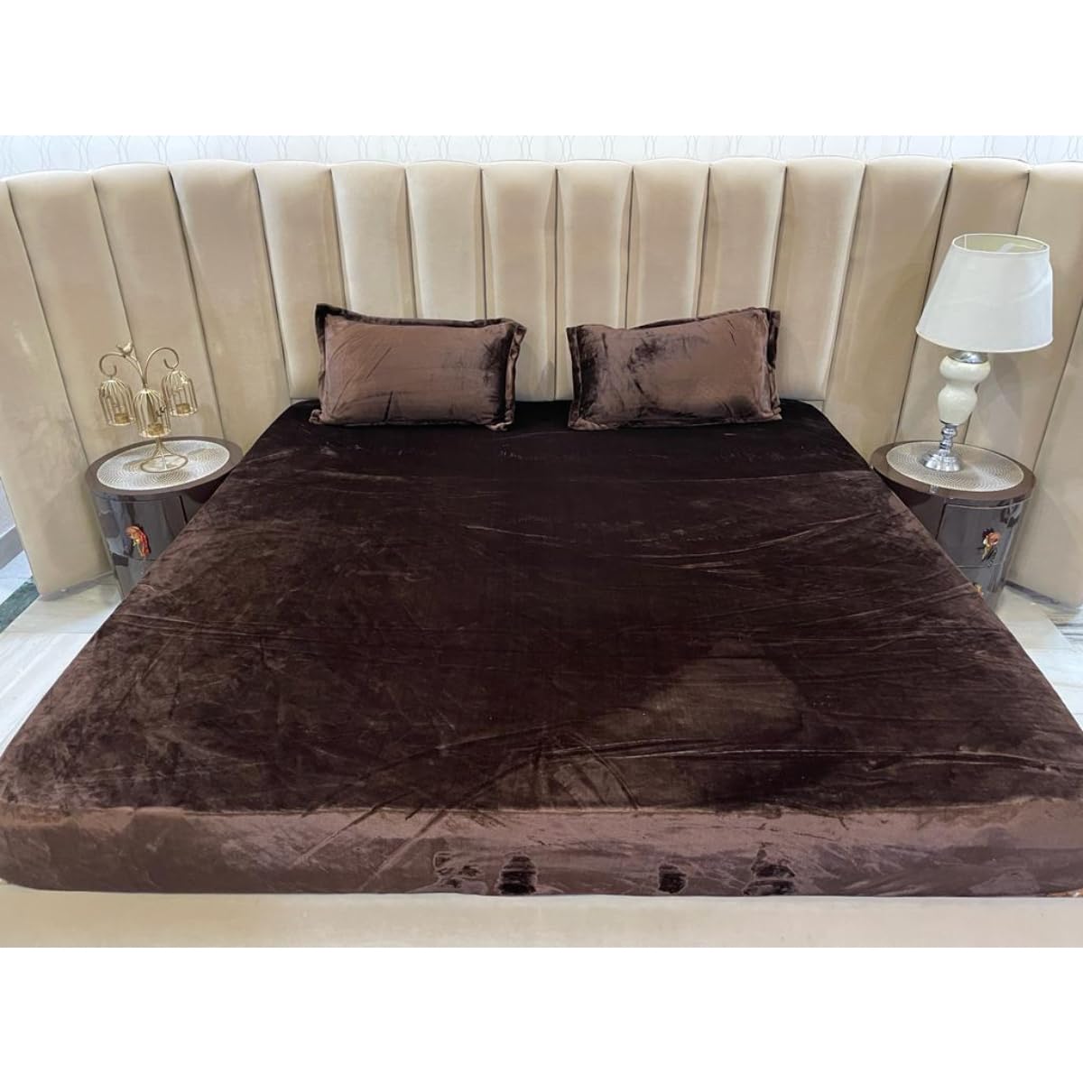 Premium Velvet Solid Woollen Elastic Fitted Bedsheets for Double Bed King Size (Size 254 x 265 Cms), with 2 Pillow Covers Elastic, Covers (46 x 68 Cms) (Coffee Brown)-picture-37