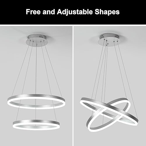 Miniatura 8 de XGZL  LIGHTING Candelabro LED moderno de 2 anillos plateado para comedor, iluminación colgante regulable con control remoto, montaje circular