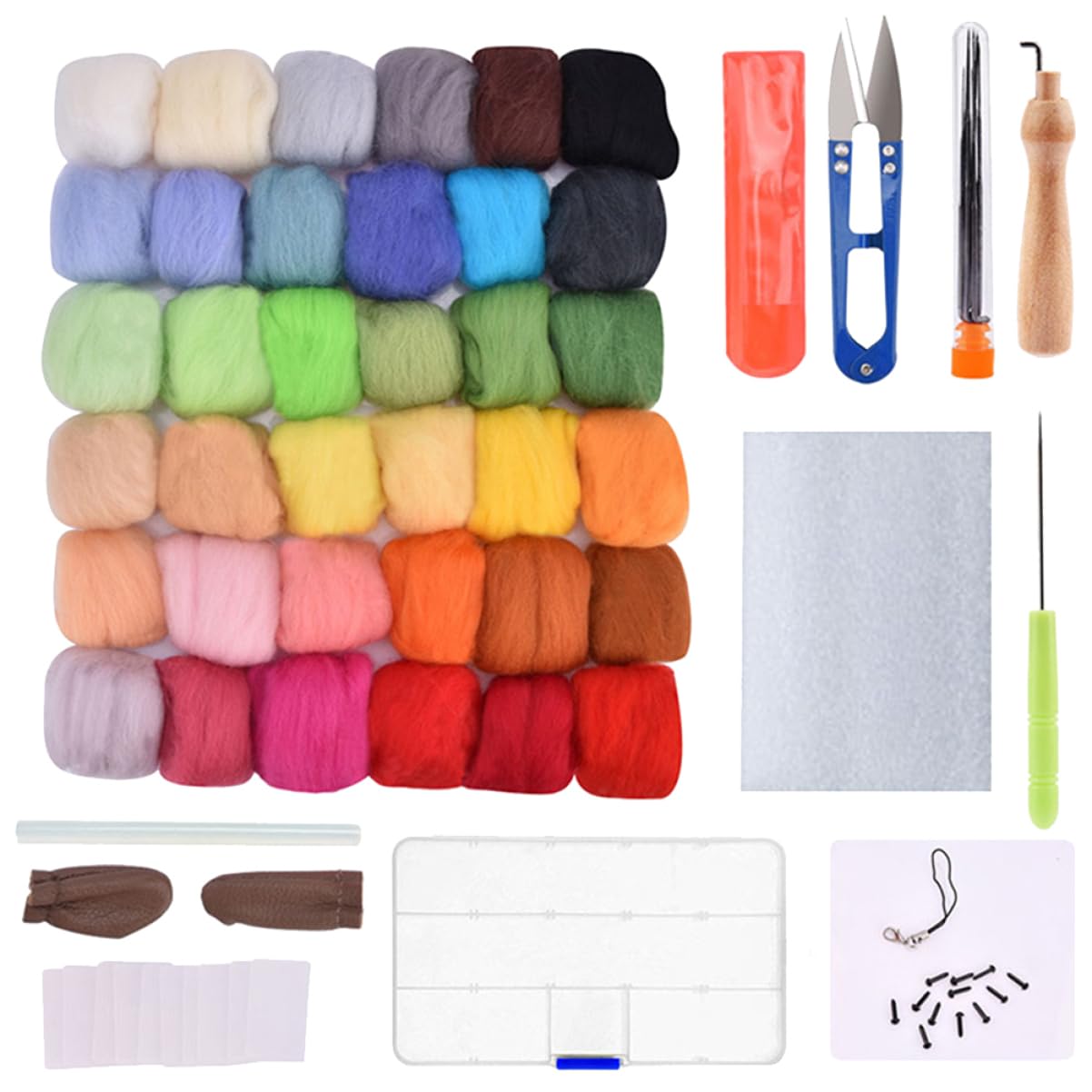 jojofuny 1Set Color Wool Felting Kit Complete DIY Needle Punch Tools for Crafting Includes Wool Fibers for Beginners Professionals for Dolls Wall Hangings More
